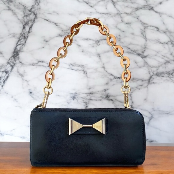 Authentic Chloe bow leather wallet on chain mini shoulder bag black gold - Picture 1 of 14